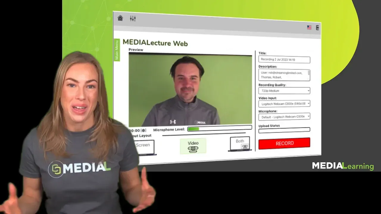 MEDIAL Lecture Web interface showing a camera preview, recording controls, and a presenter demonstrating browser-based recording