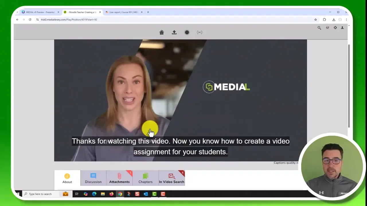 MEDIAL video player showing closed captions over the video with presenter inset and the player tabs visible.