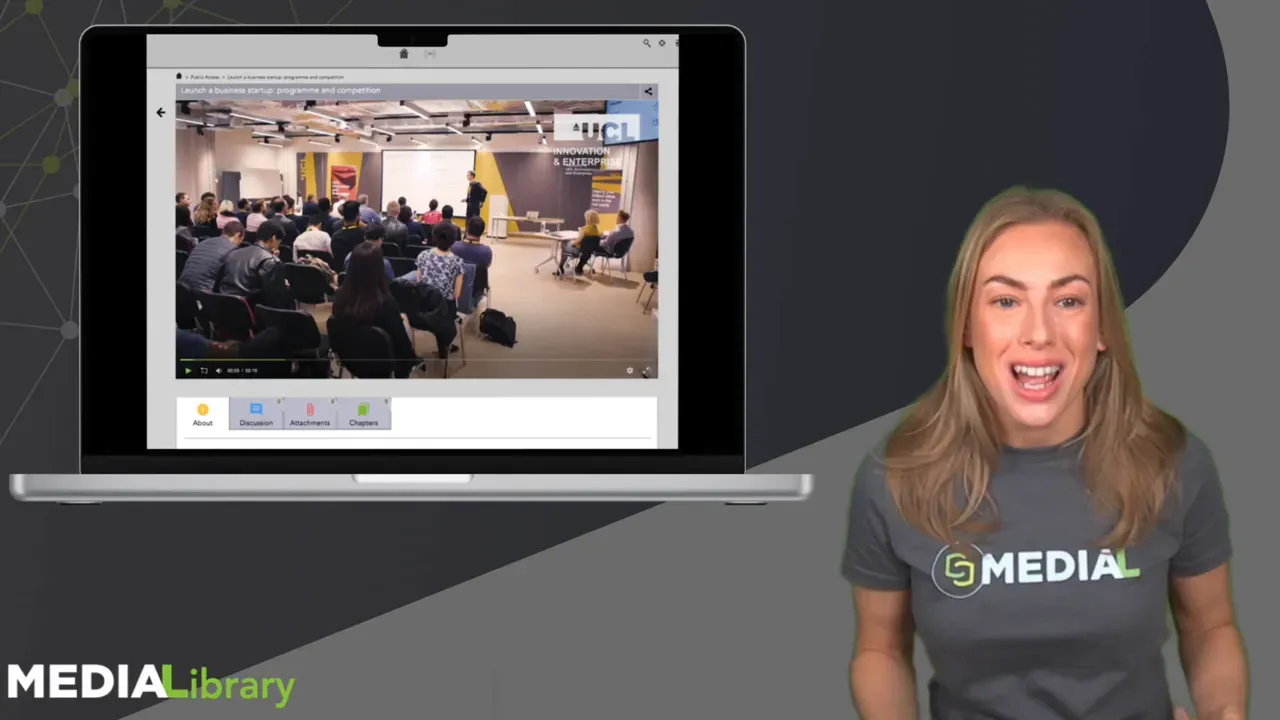 Laptop display of MEDIAL portal playback page playing a lecture with visible player controls