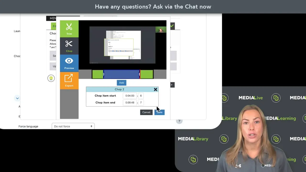MEDIAL chop dialog showing chop item start and end times with Save button and presenter off to the side