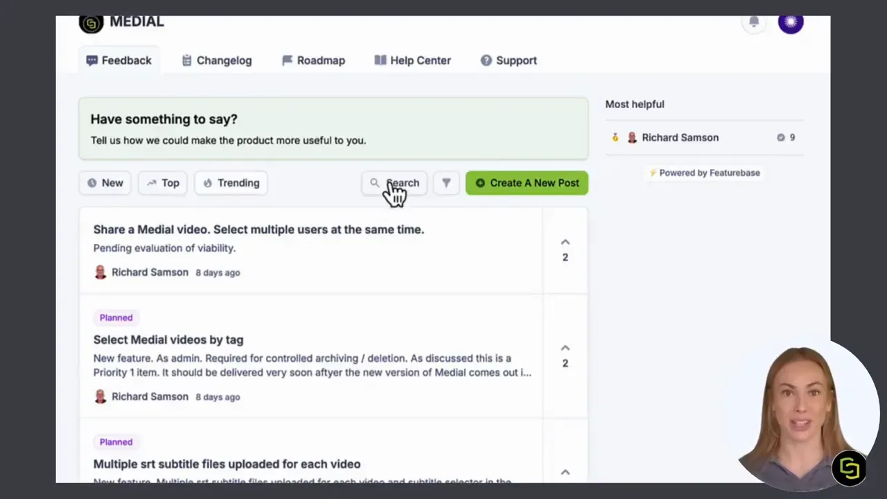 MEDIAL feedback dashboard showing 'Have something to say?' banner, New/Top/Trending filters, search box and 'Create A New Post' button.