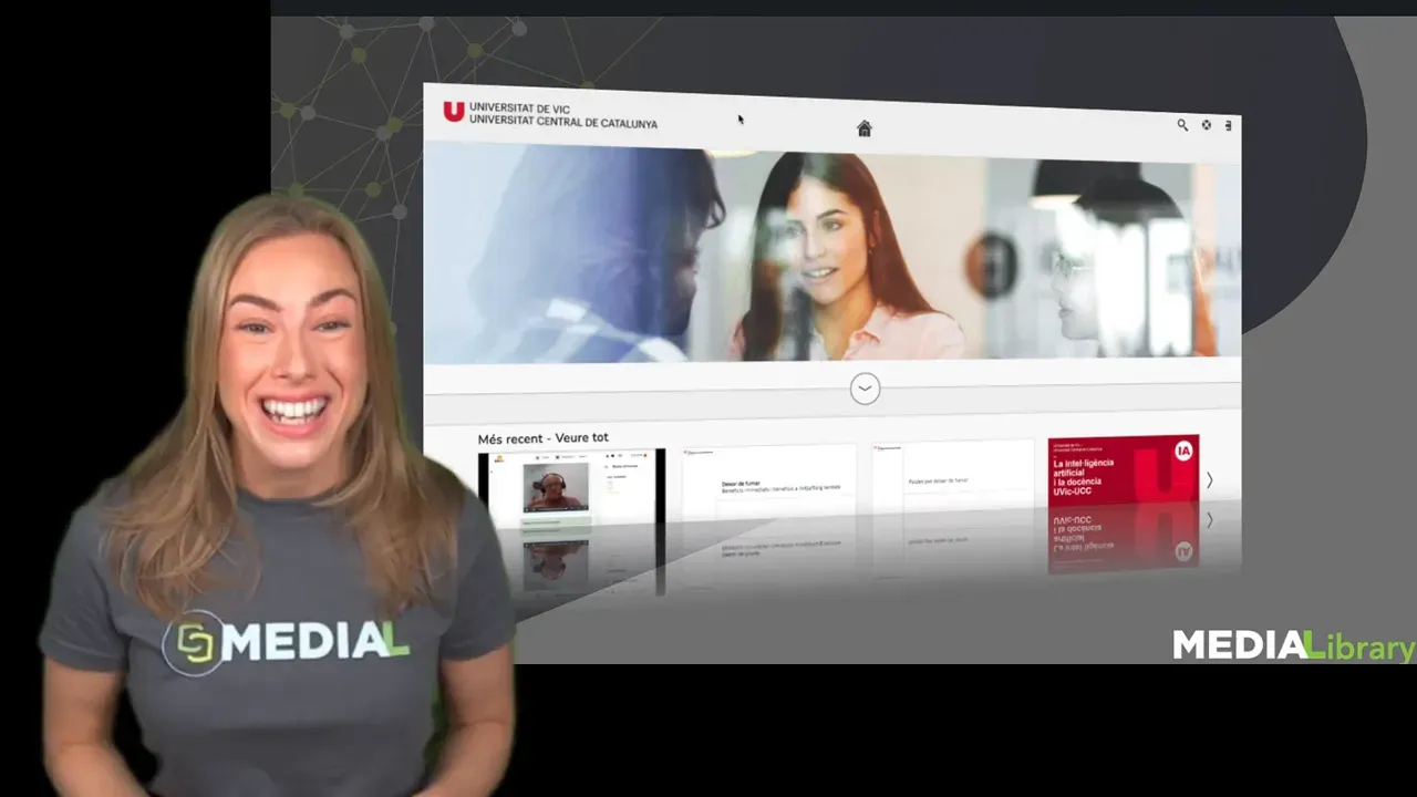 MEDIAL Library playback page branded for a university with a large banner, media tiles and the presenter visible at left.