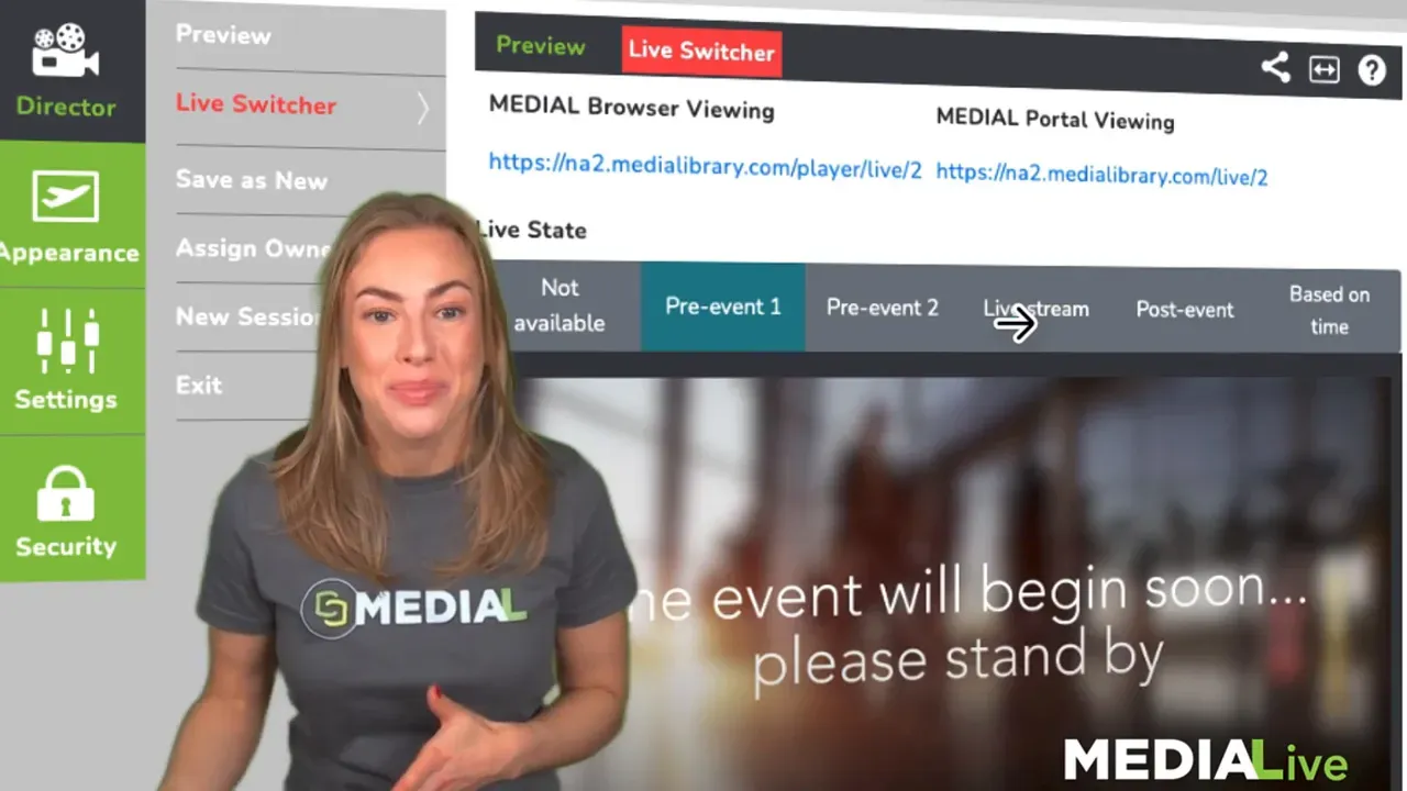 MEDIAL Live playback page screenshot showing the Live State bar (Not available, Pre-event 1, Pre-event 2, Live stream, Post-event) with presenter and 'the event will begin soon' background.
