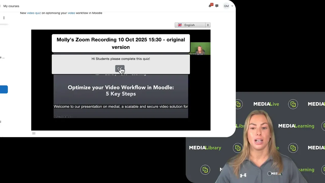 Cursor clicking the OK button on a MEDIAL welcome message that asks students to complete the quiz