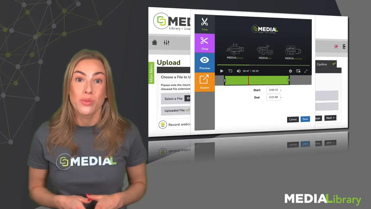MEDIAL editor interface in the browser showing trim, chop, preview and export buttons alongside a presenter.