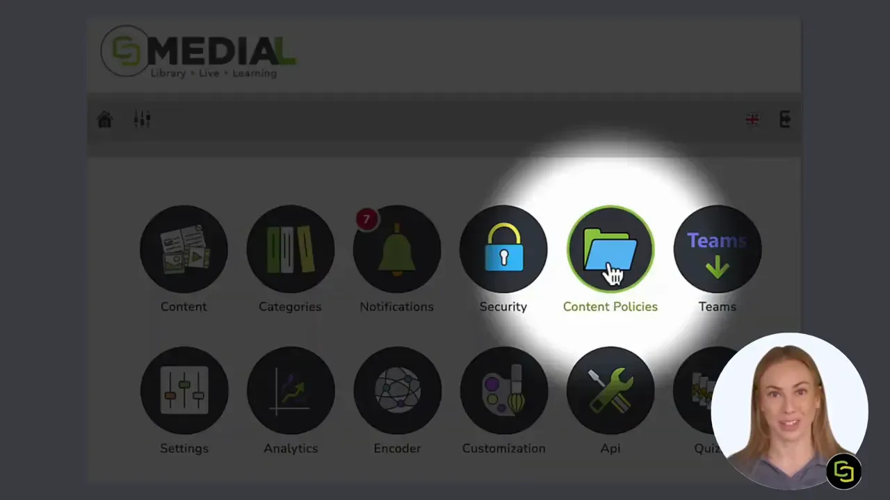 MEDIAL dashboard showing Content Policies option in the menu