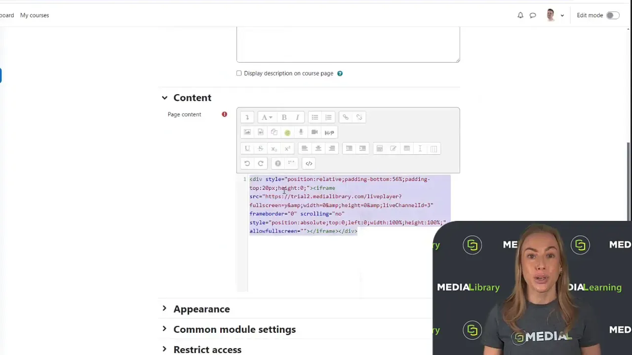 Moodle-style page editor displaying an embedded MEDIAL iframe code in the HTML content box