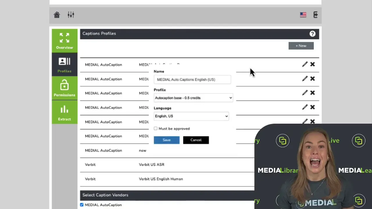 MEDIAL captions profile create dialog showing Name, Profile and Language dropdown with presenter overlay