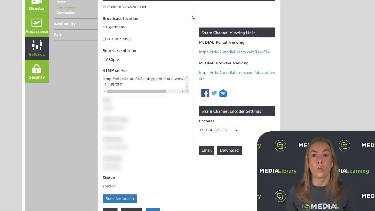 MEDIAL CDN streaming configuration page showing broadcast location and RTMP server details, with start and stop live stream controls.