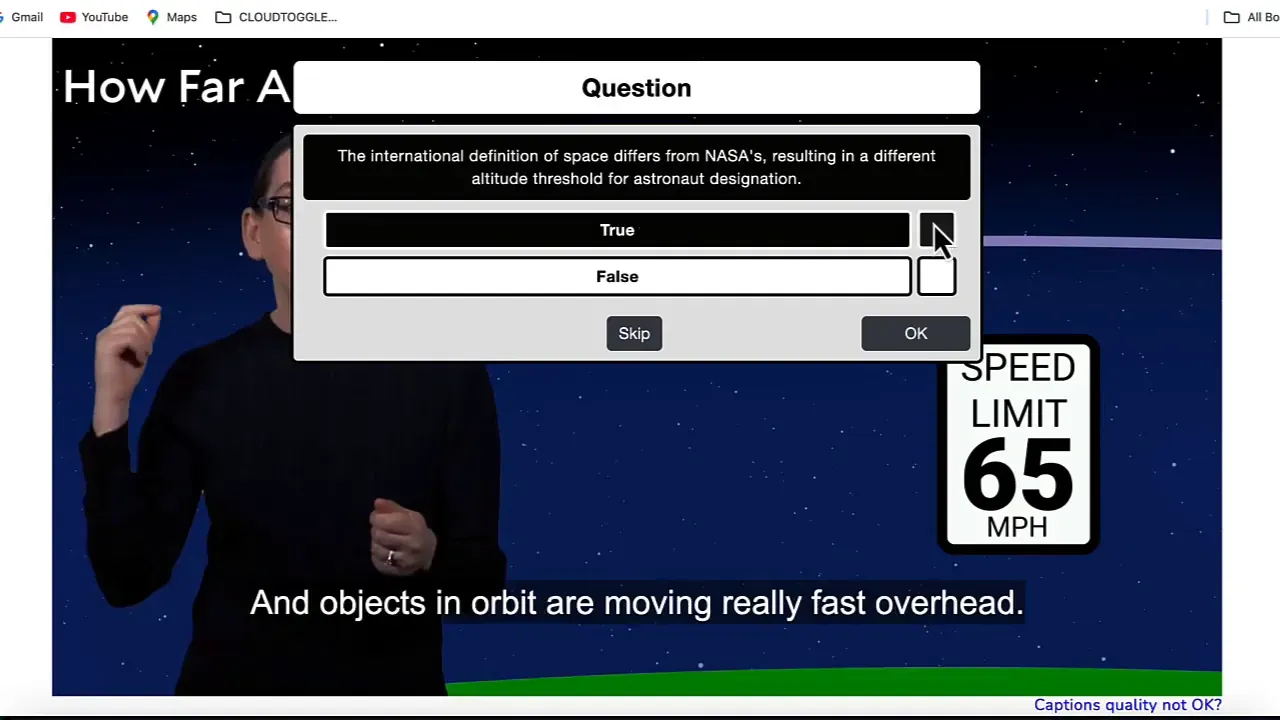 Video player with a quiz question overlay and answer options displayed on screen