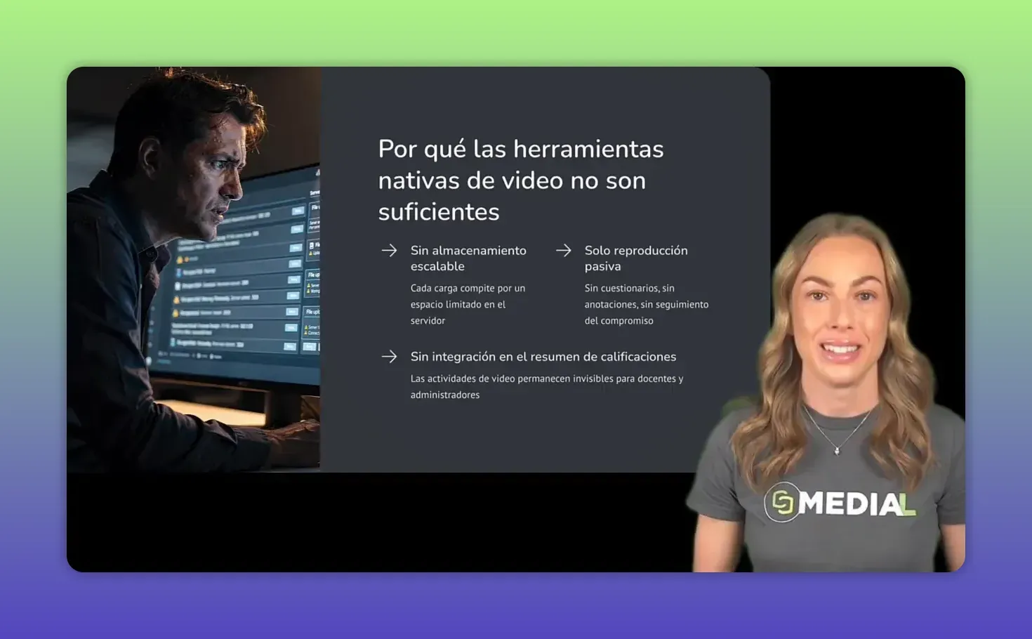 Diapositiva con el título el video es indispensable y varios recuadros verdes sobre limitaciones de Moodle