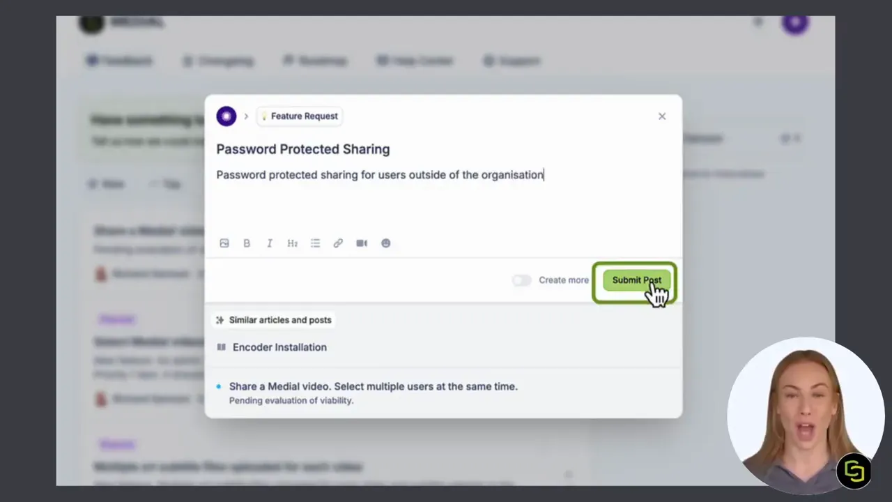 Feature request dialog with title 'Password Protected Sharing' and cursor clicking the Submit Post button