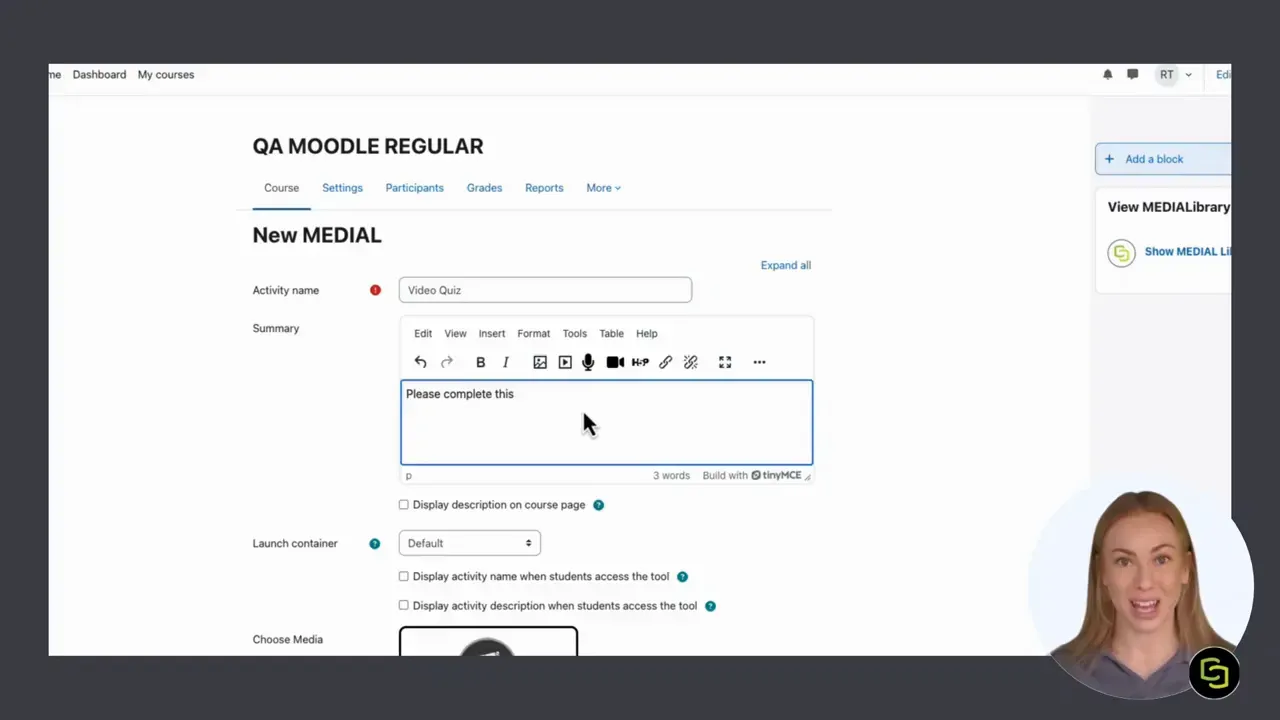 Moodle 'New MEDIAL' activity page showing activity name 'Video Quiz' and a summary text entered