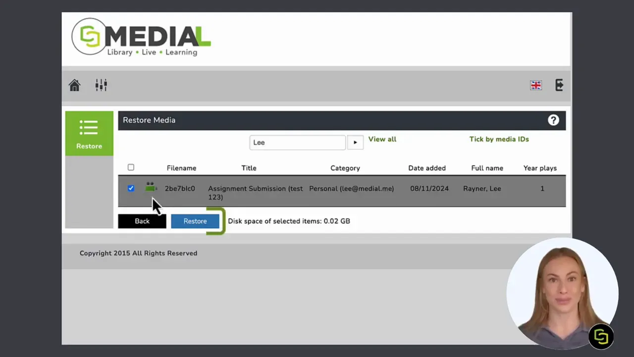 Archived content list with search field and restore button