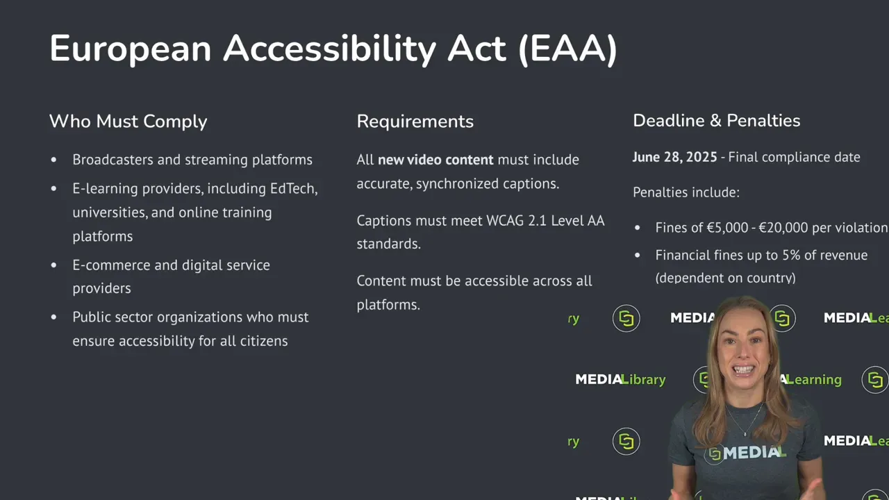 Slide 'European Accessibility Act (EAA)' with sections on who must comply and requirements; presenter at the lower right.