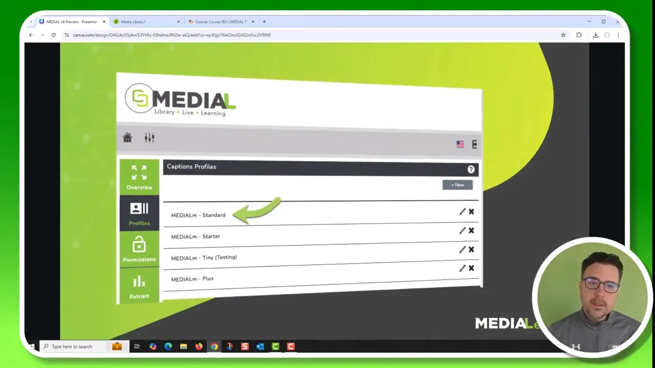 MEDIAL interface showing a 'Captions Profiles' list with entries like 'MEDIALLm - Standard' and an arrow indicating the profile selection.