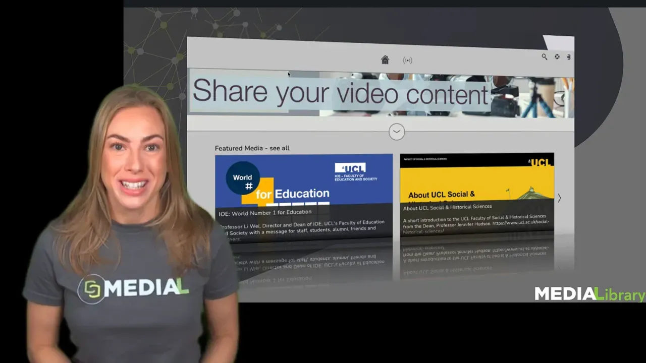 Clear screenshot of the MEDIAL Library web interface showing a 'Share your video content' banner and featured media tiles alongside a presenter.