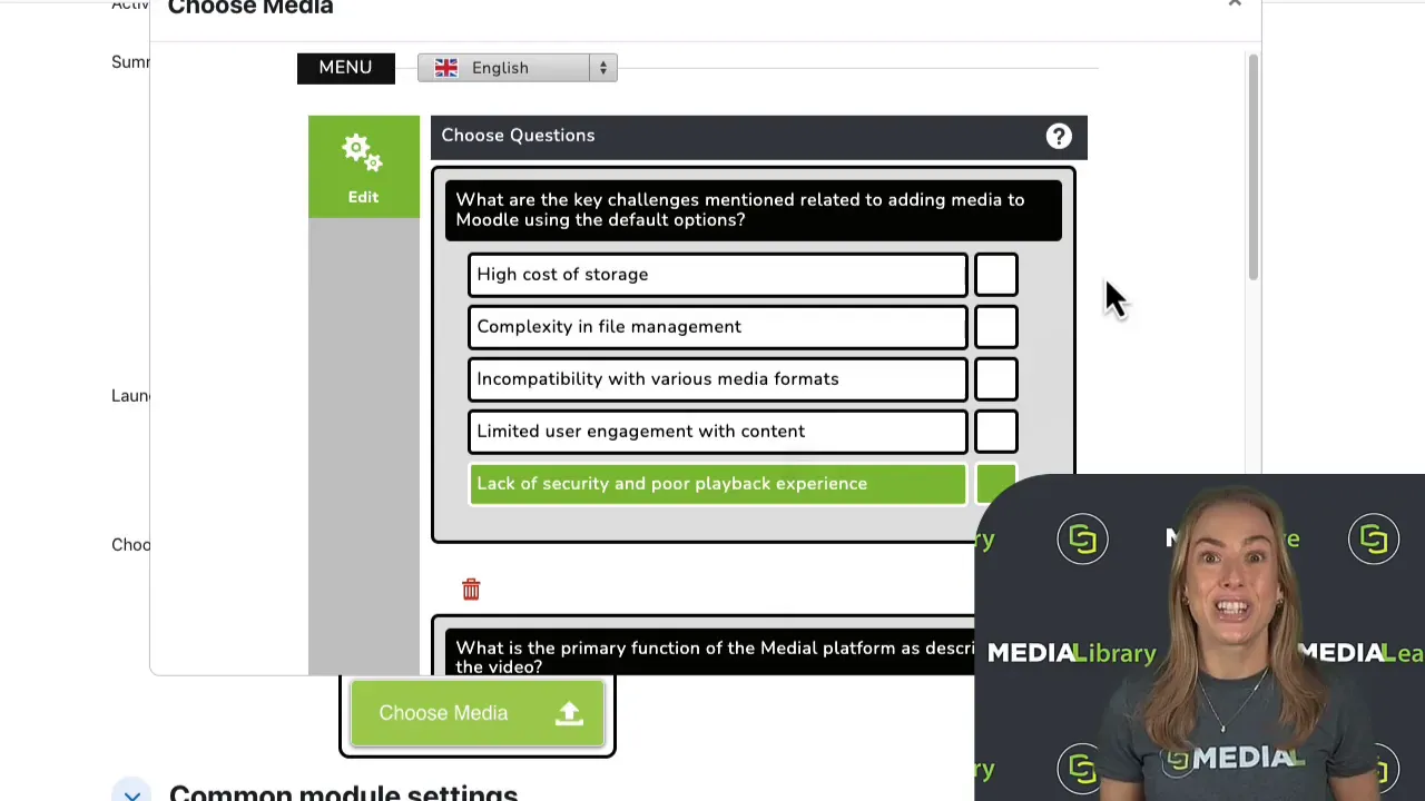 MEDIAL quiz editor showing generated multiple-choice questions and a highlighted correct answer in the Choose Questions panel