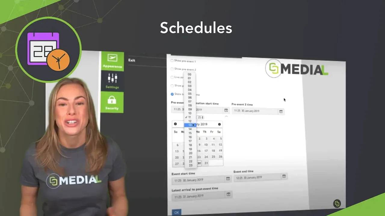 MEDIAL 'Schedules' interface showing a calendar date/time selector and scheduling fields, with the presenter positioned to the left.
