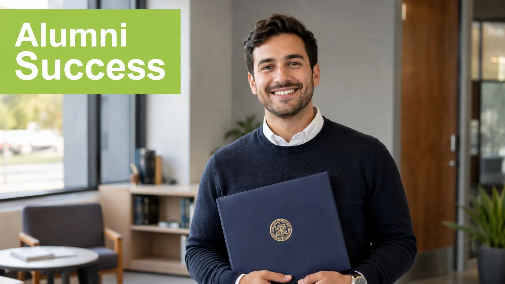 A smiling young man holding a blue degree diploma folder in an office setting with Alumni Success text.