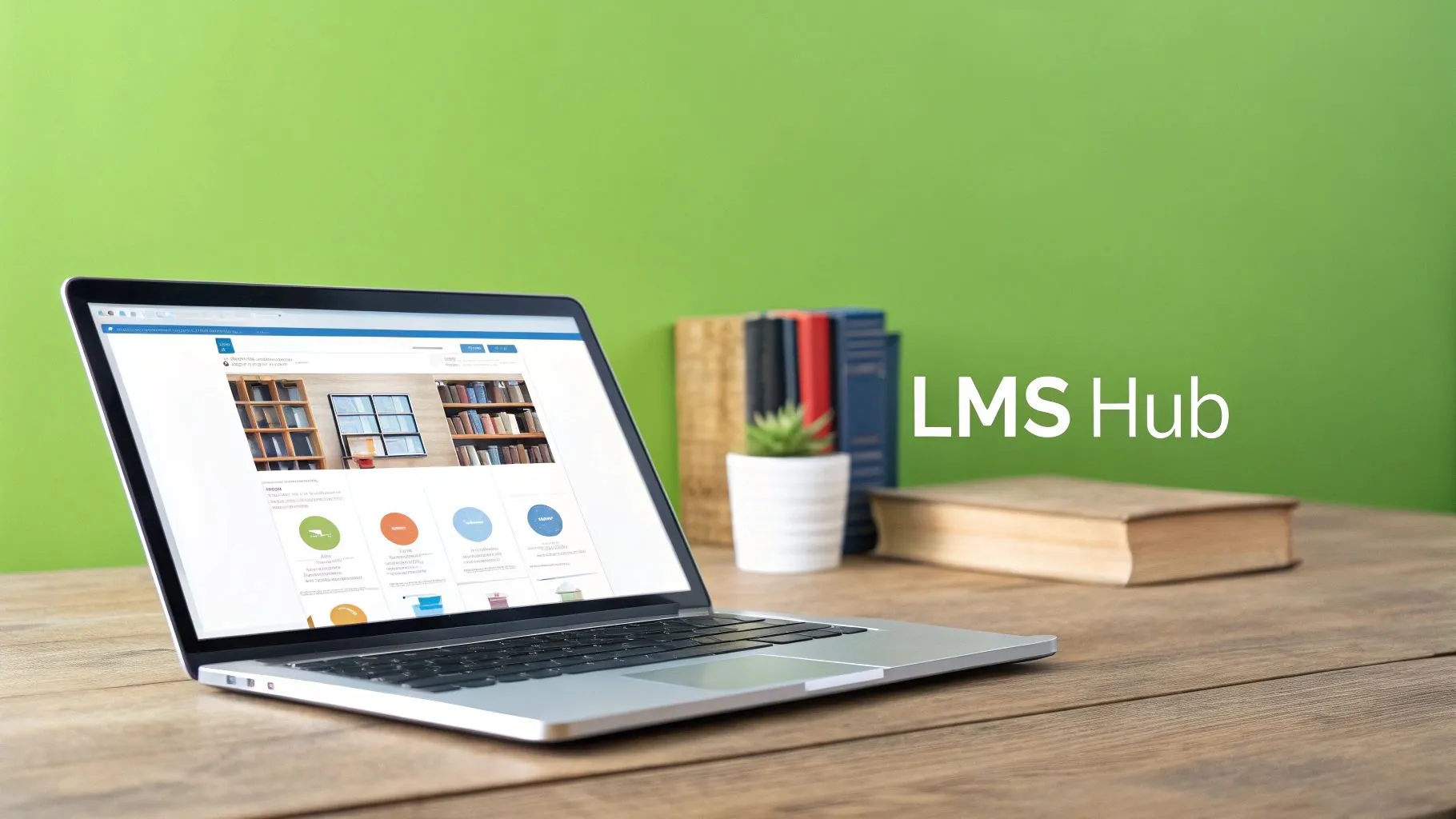 A digital illustration showing a person interacting with a Learning Management System on a large screen, with icons for courses, analytics, and communication.