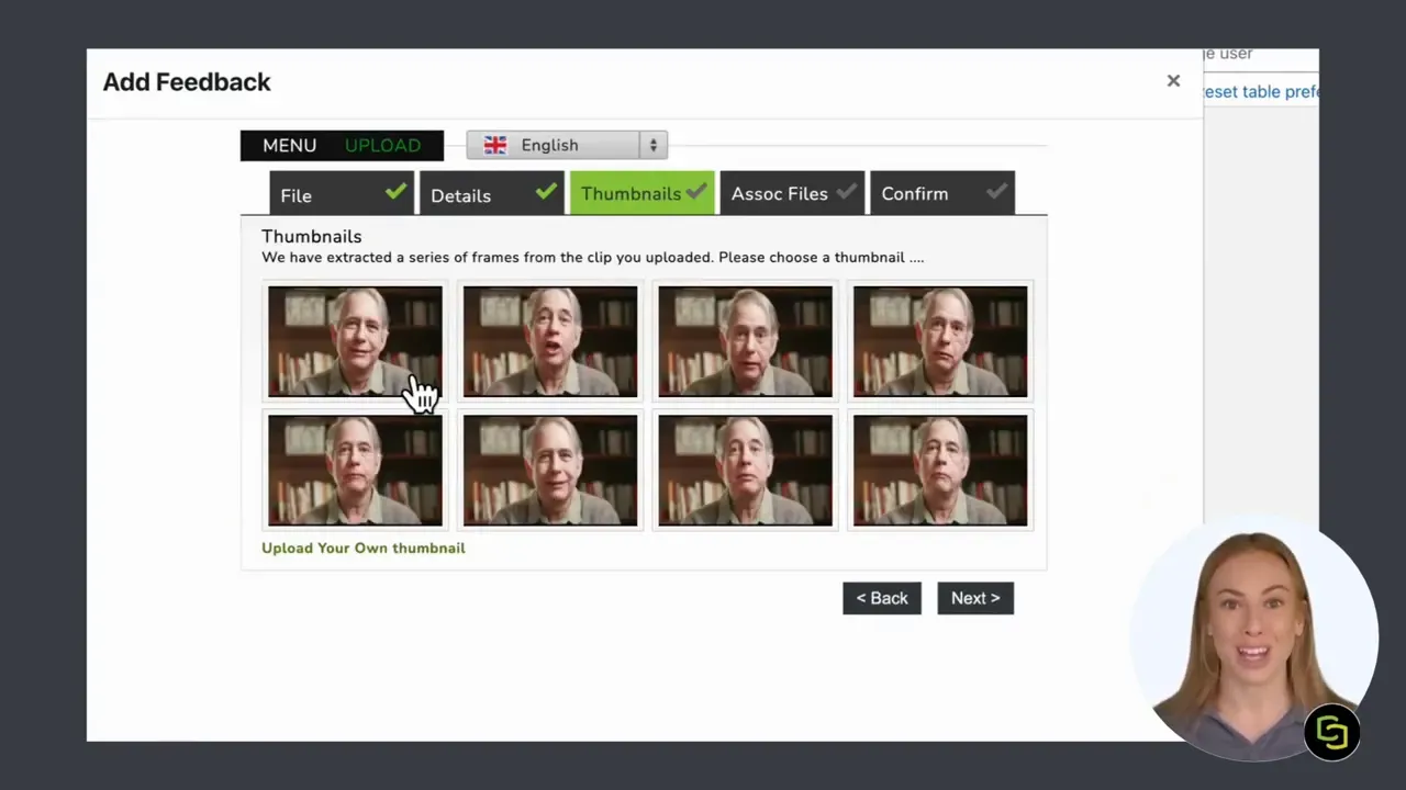 MEDIAL Add Feedback window showing a grid of thumbnail choices for a recorded feedback video