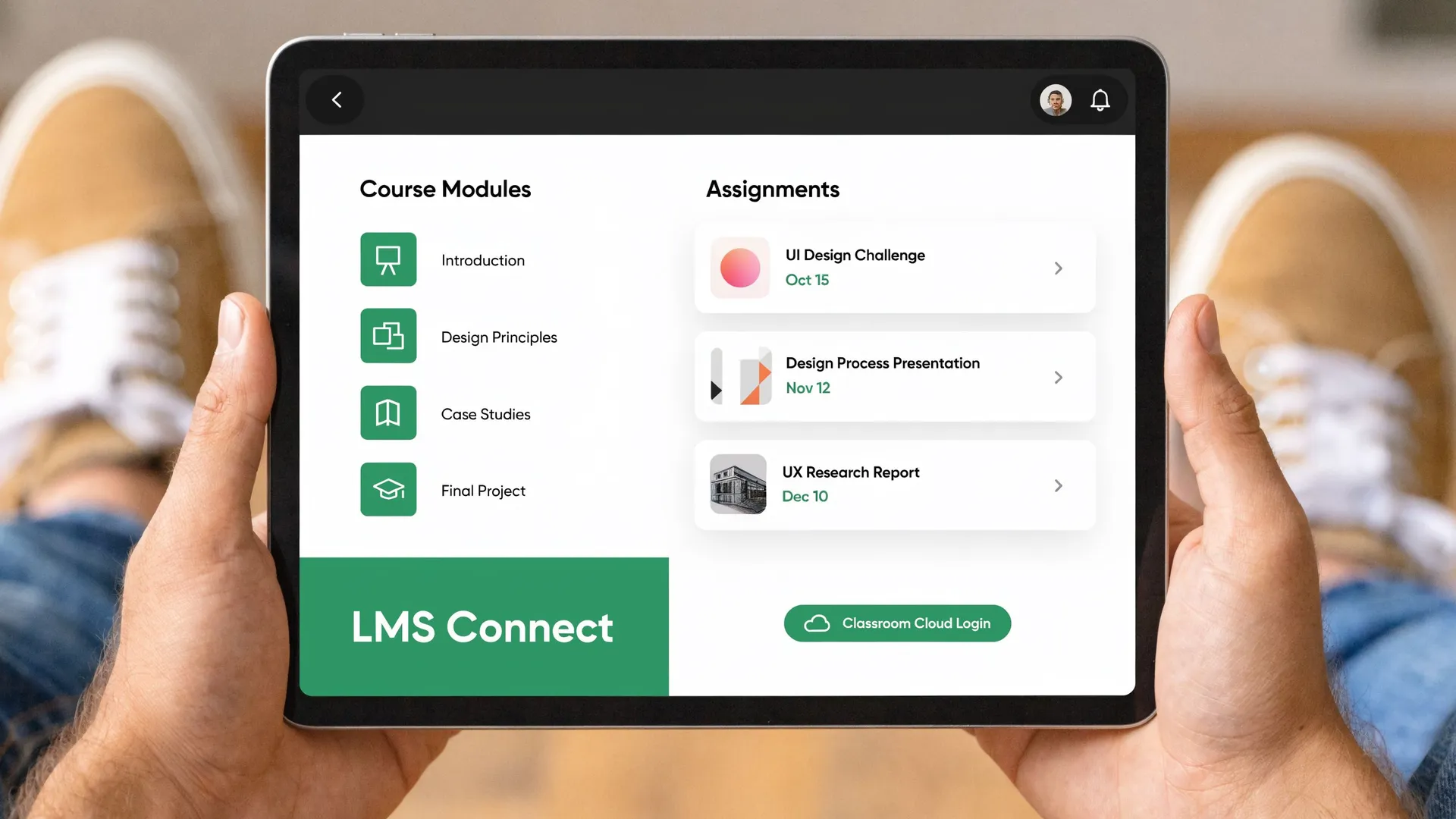 A person holding a tablet displaying a course management interface with modules, assignments, and a login button.