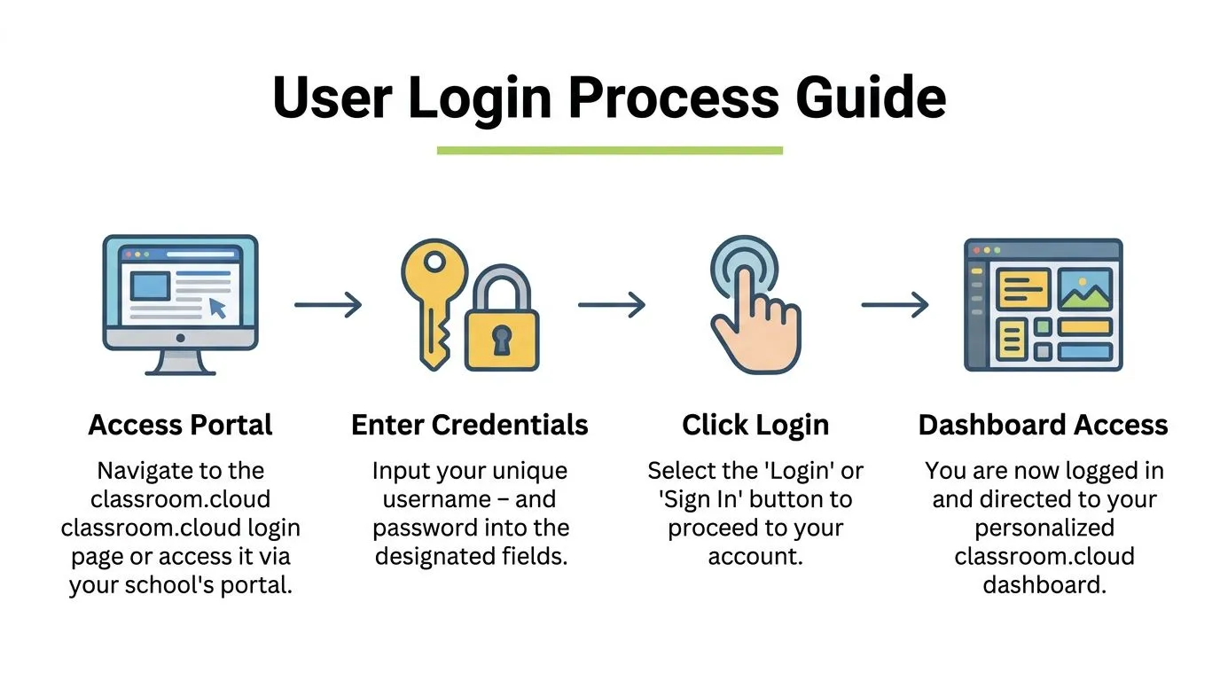 A step-by-step infographic illustrating the four stages of the classroom.cloud user login and access process.
