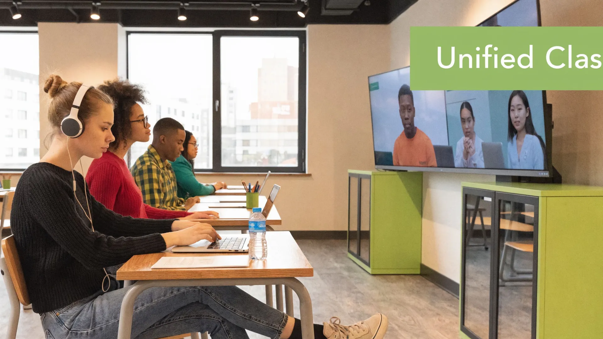 A group of students in a classroom attending a virtual lecture on a large digital screen.