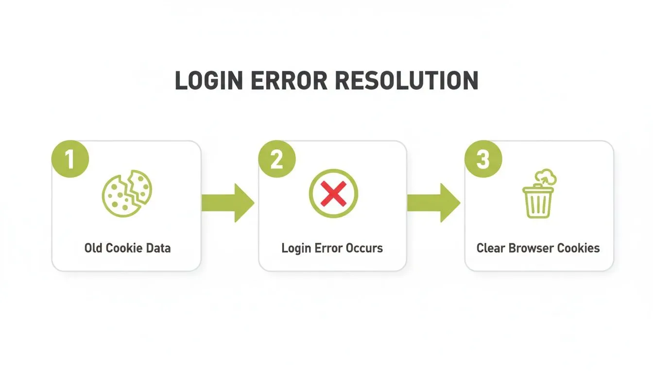 Infographic demonstrating the login error resolution process: old cookie data, login error, then clear browser cookies.