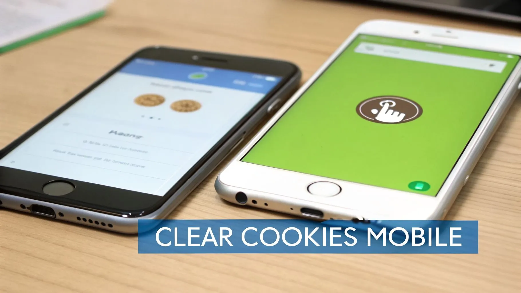 Two smartphones on a wooden table, displaying screens related to managing and clearing cookies on mobile devices.