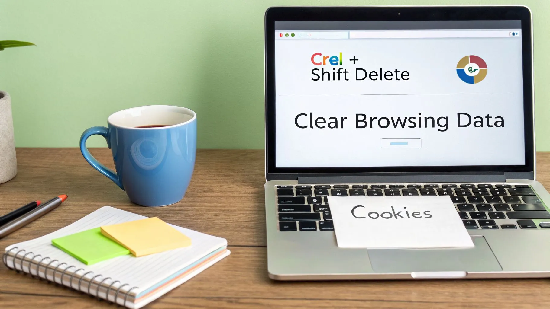 A laptop shows 'Clear Browsing Data' and 'Ctrl + Shift Delete' with a 'Cookies' sticky note on the keyboard.