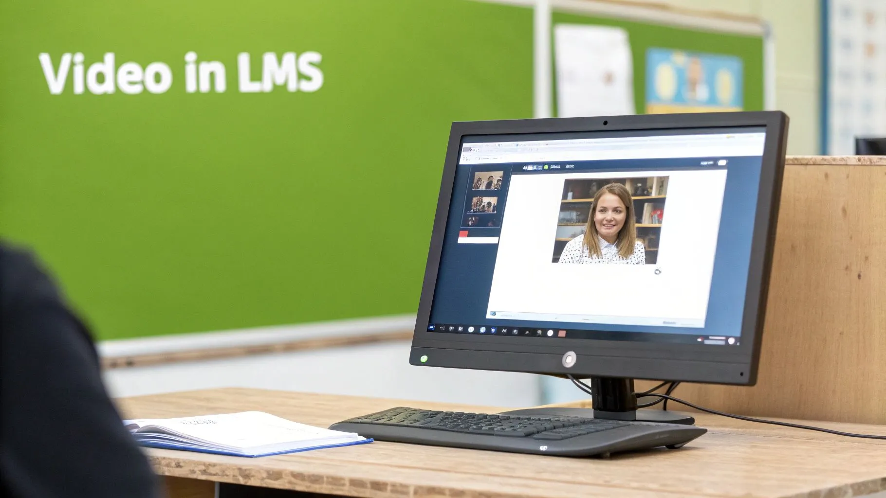 A computer monitor displays a video call with a smiling woman, demonstrating online learning in an LMS.