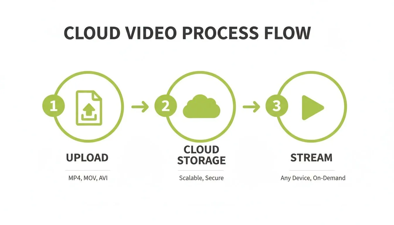 Infographic showing a three-step cloud video process flow: upload, cloud storage, and streaming to any device.