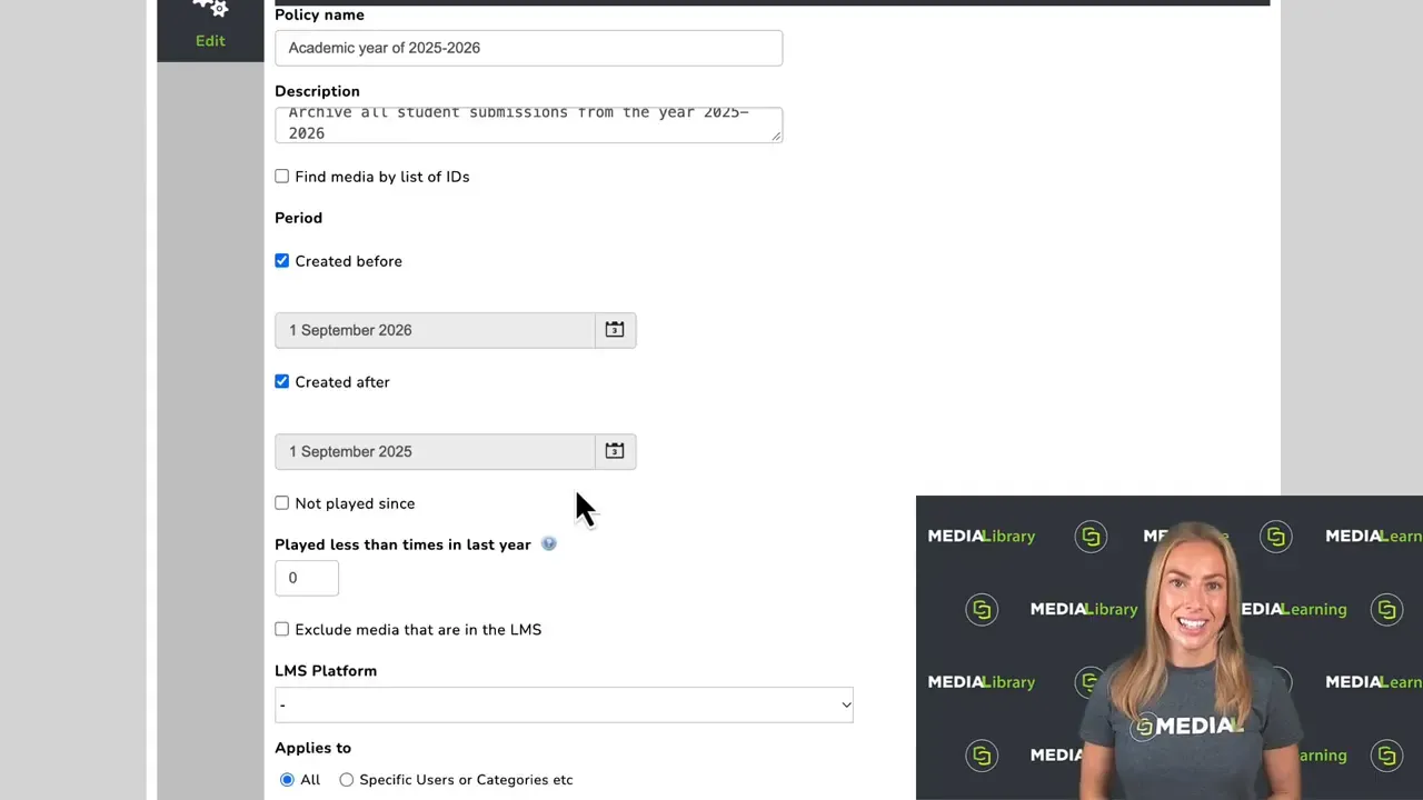 MEDIAL content policy form showing created-before and created-after date fields and usage filters