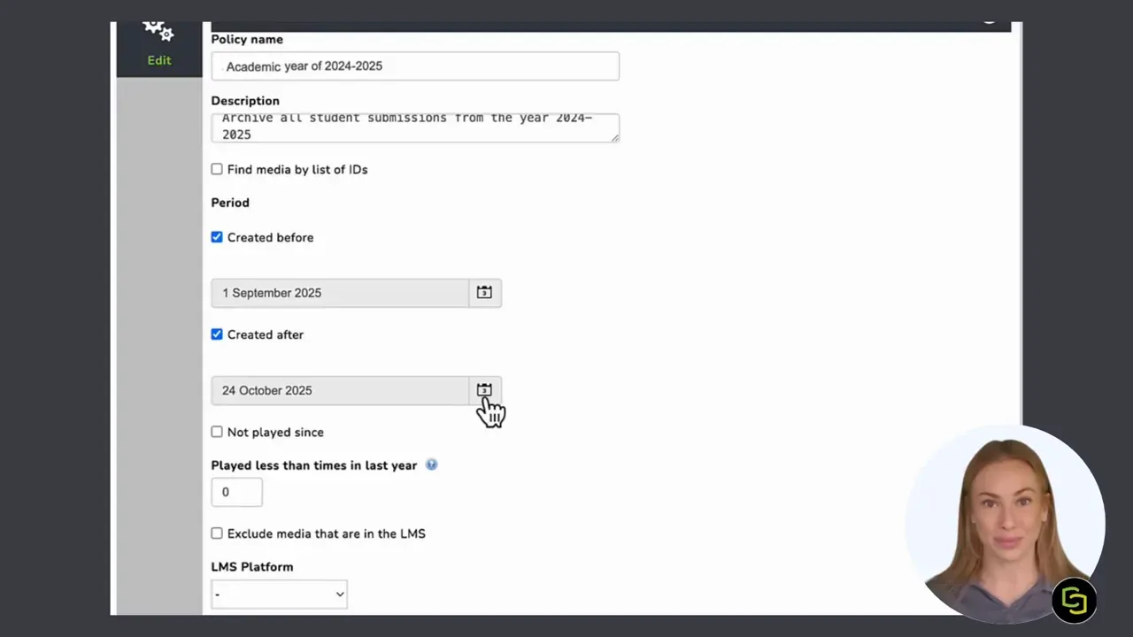 MEDIAL content policy form showing created before and created after date fields with calendars