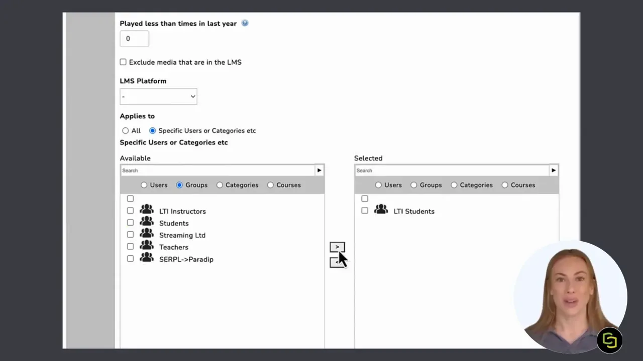 MEDIAL policy assignment selector with available groups on the left and selected student group on the right