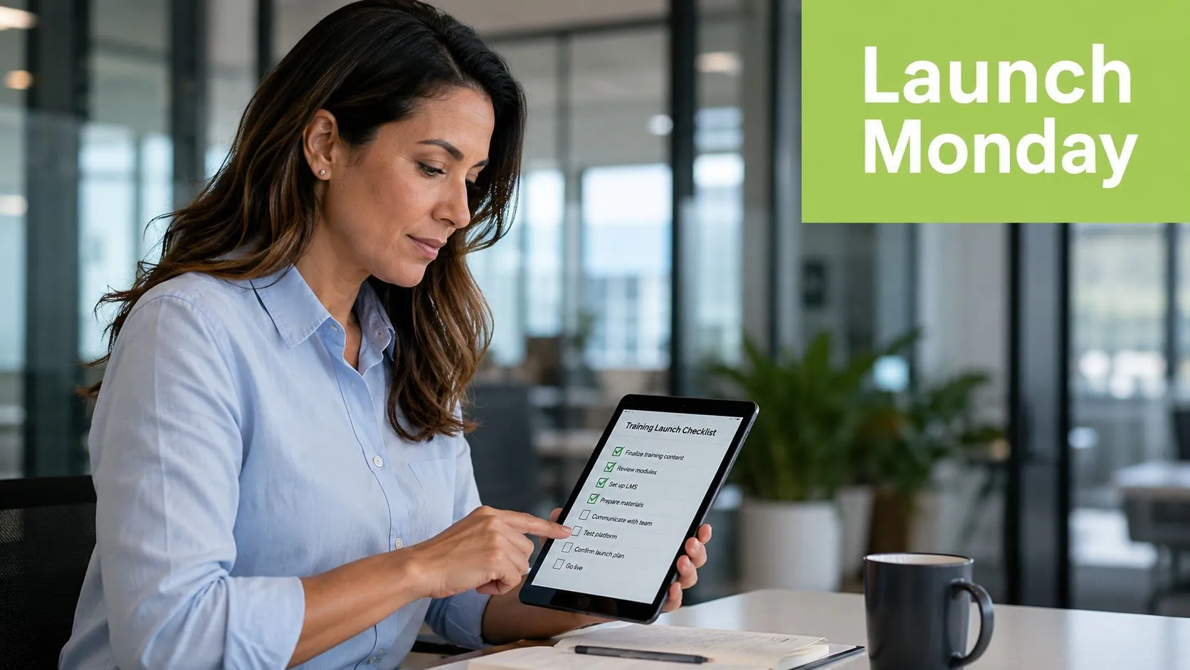 A professional woman checking off tasks on a digital training launch checklist on her tablet computer.