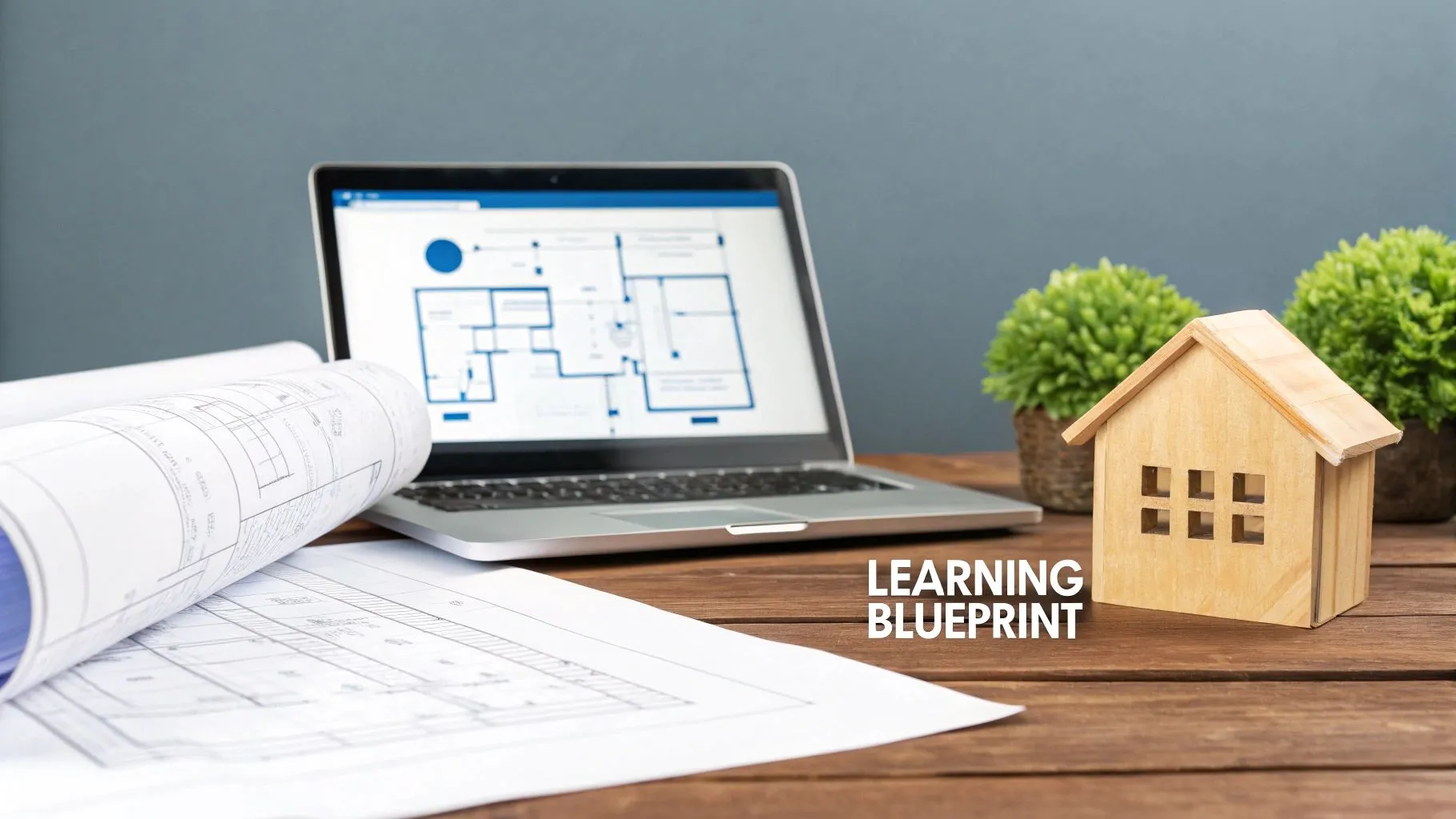Architectural blueprints, a laptop displaying floor plans, and a wooden house model on a desk.