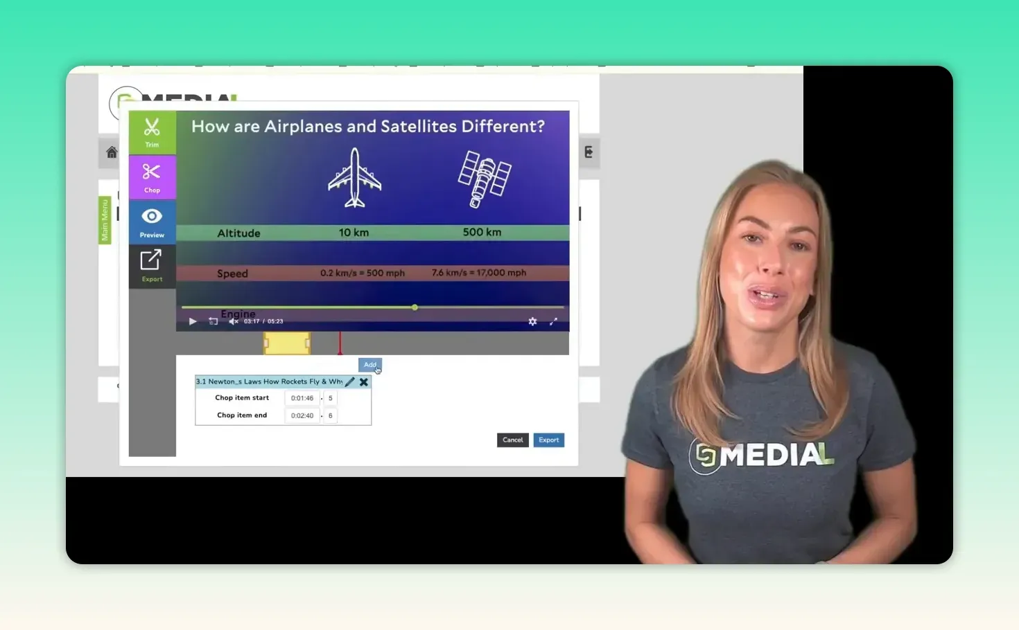 Editor de vídeo de MEDIAL con reproductor, controles y segmentos en una línea de tiempo