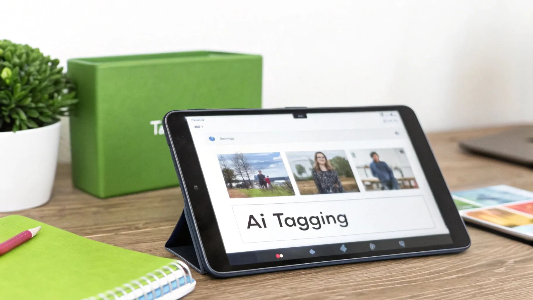 A tablet on a wooden desk shows 'Ai Tagging' with sample images, beside a green box and plant.