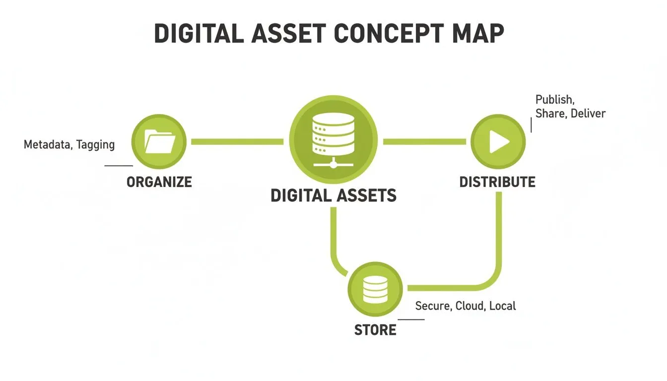 Digital asset management concept map detailing processes like organize, store, and distribute assets.
