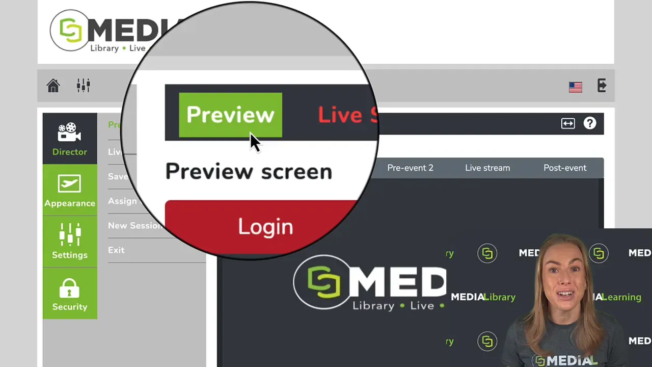 MEDIAL Director View with a magnified Preview button above the event stage tabs