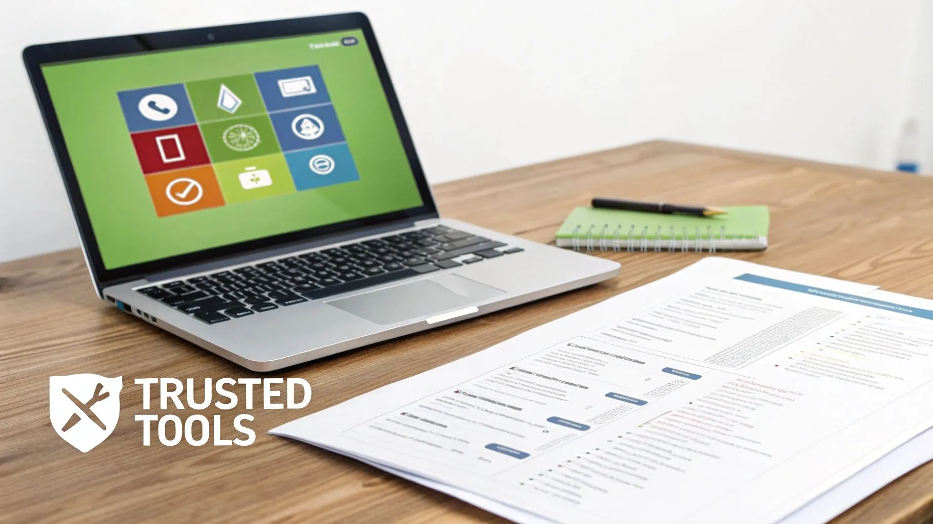 A laptop displaying colorful app icons on a desk with documents, a notebook, and a pen.