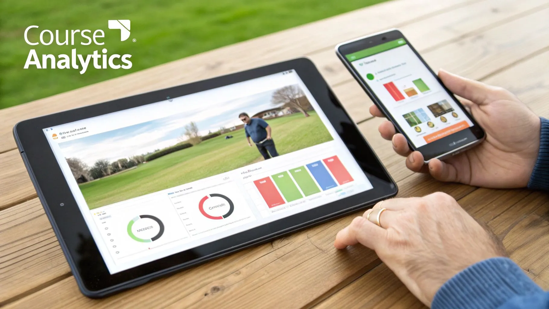 A group of professionals collaborating around a screen displaying LMS features like analytics charts and course modules.