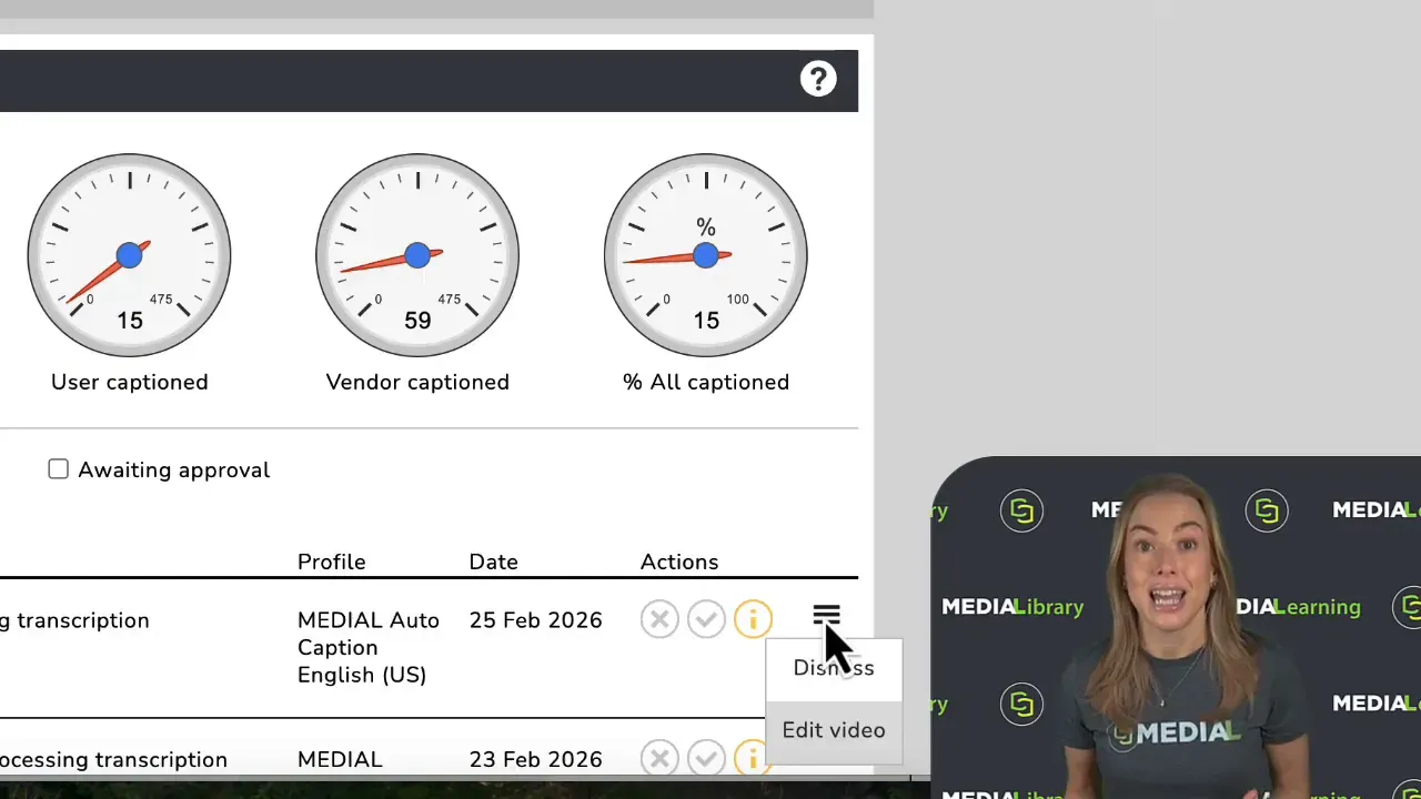 Caption overview Actions column with the Edit captions tooltip visible