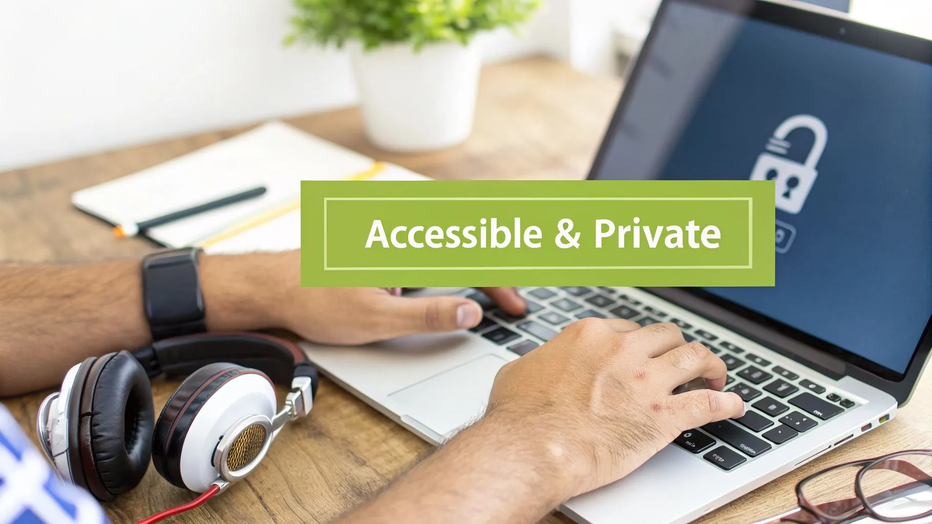 Hands typing on a laptop with “Accessible & Private” text over a lock icon, representing secure digital access.