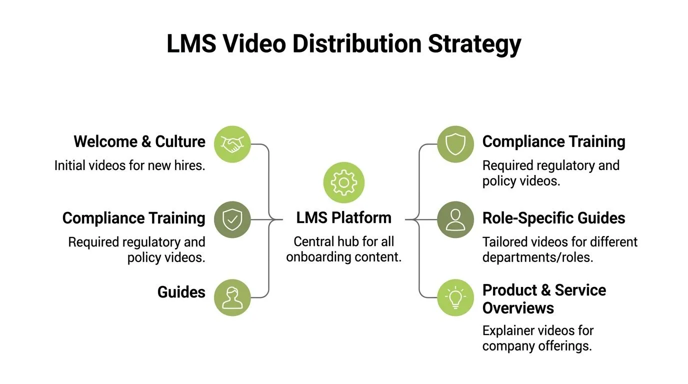 A diagram outlining the LMS video distribution strategy for employee onboarding, including various training content categories.