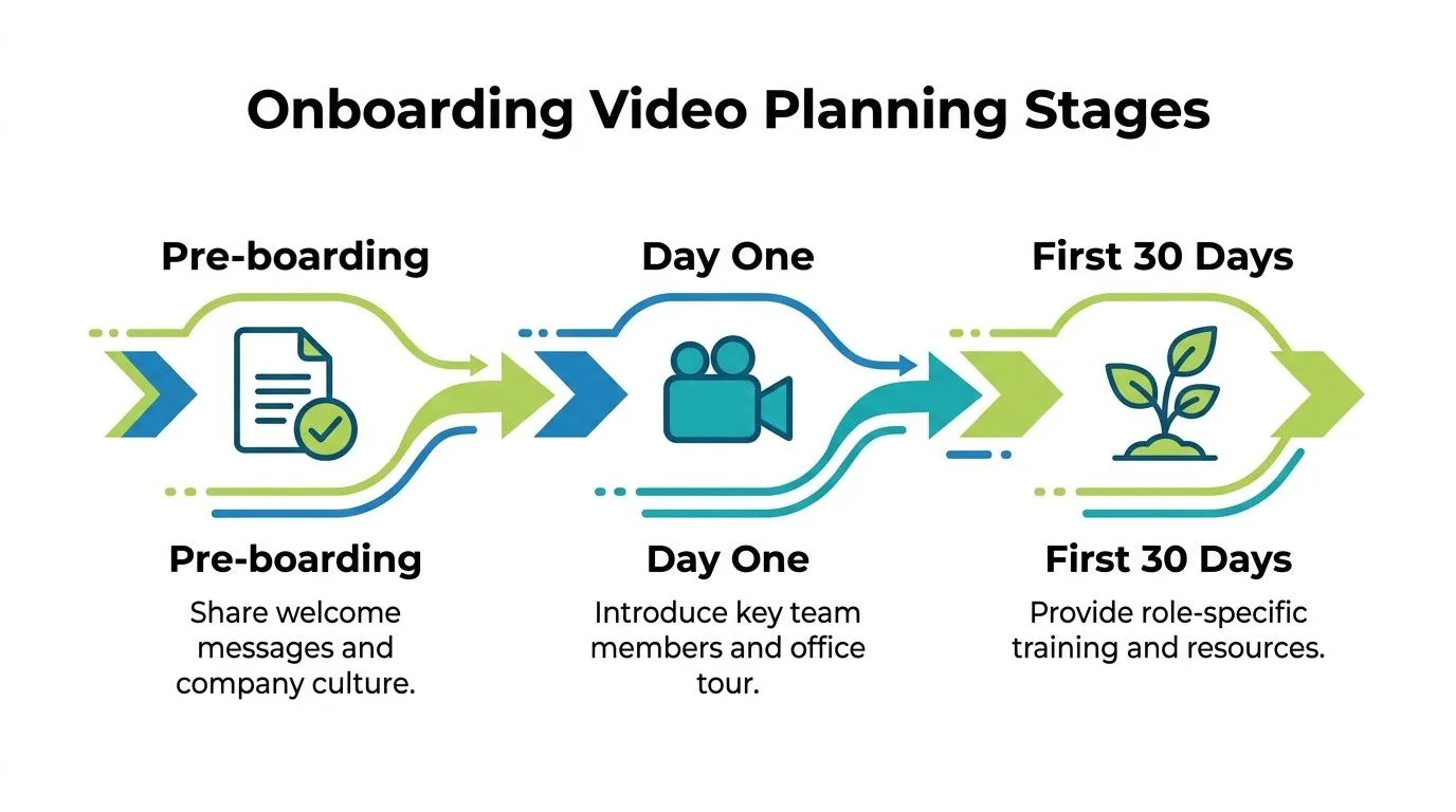 A diagram outlining the three stages of onboarding video planning: Pre-boarding, Day One, and First 30 Days.