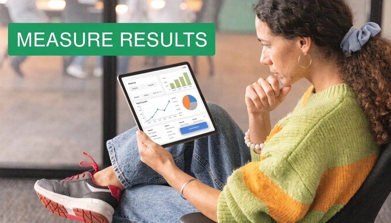 A woman reviewing digital analytics on a tablet to support an employee training plan and performance metrics.